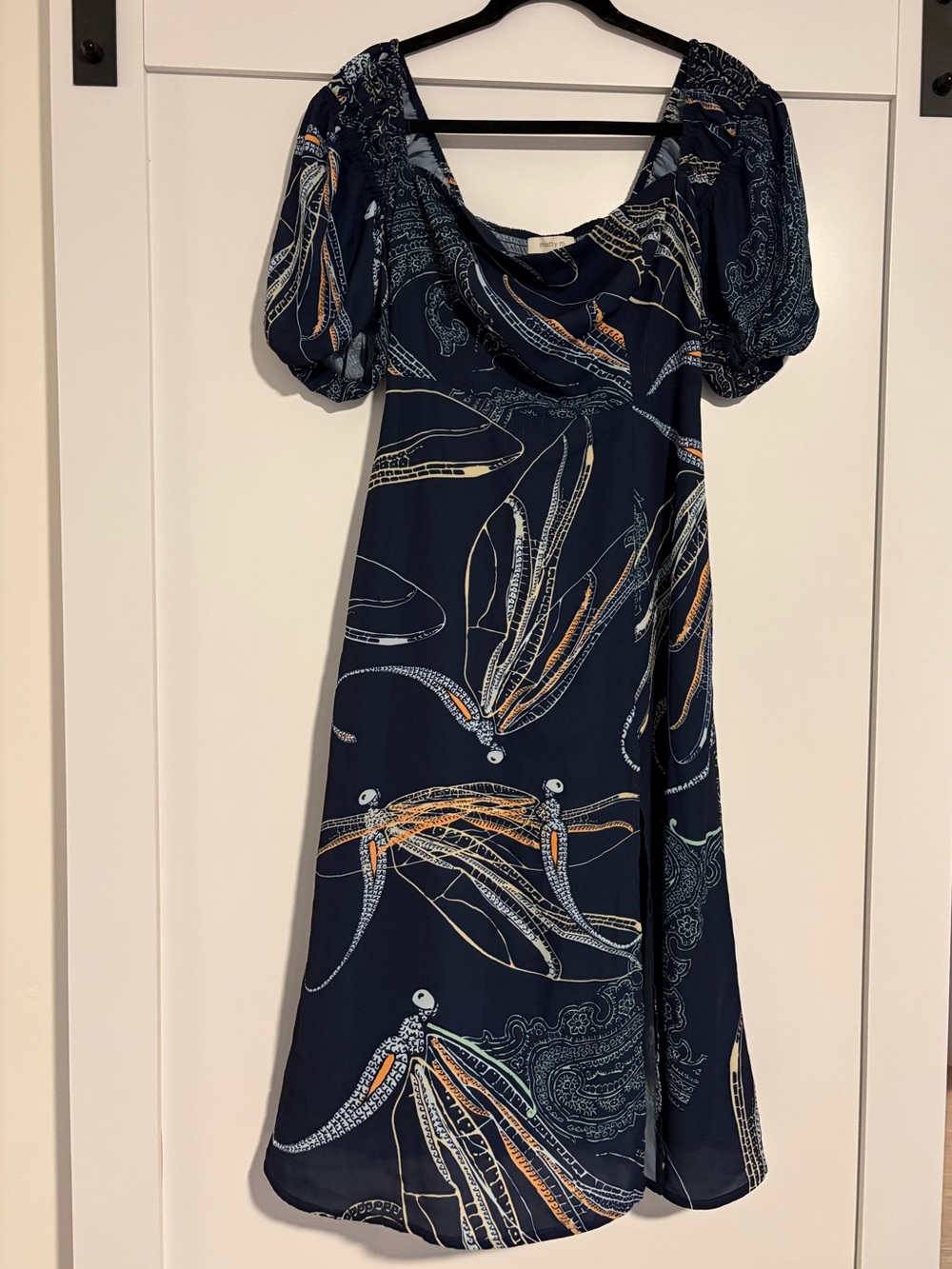 Matty M Navy Dragonfly-Print Midi Dress with Puff Sleeves